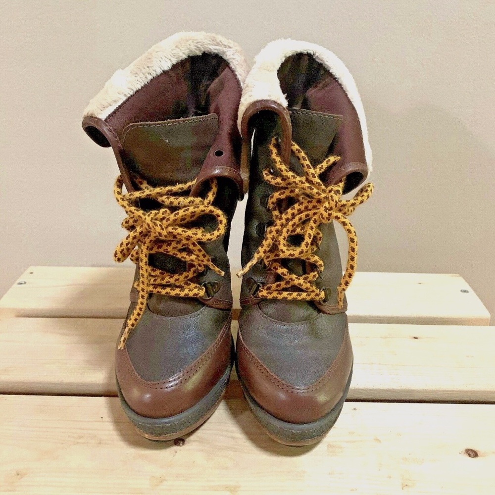 Madison Harding Lace up Shearling Boots, Size 5, Brown Leather